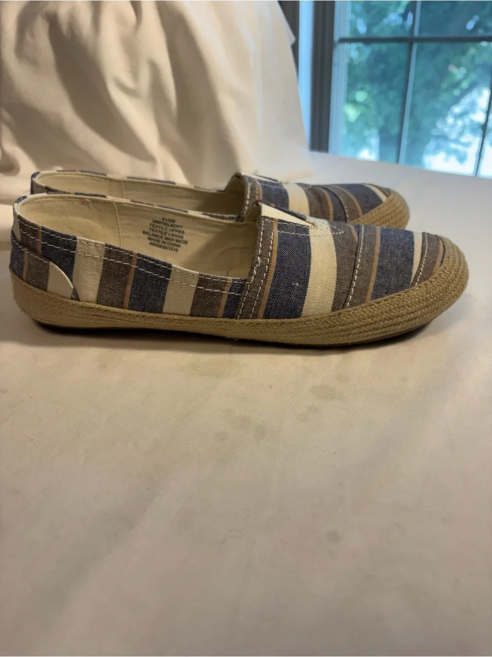 Nine West Striped Canvas Espadrille Slip-Ons in Navy, Cream and Tan